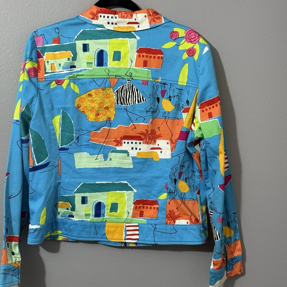 Vtg Women's Jacket Coat Sz 12 Funky Art To Wear Full Zip Houses Boats Travel 90s